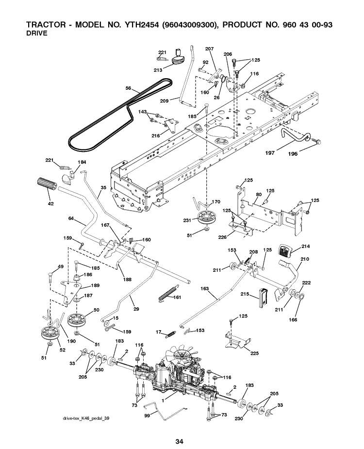 Drive Diagram and Parts List for YTH2454 (96043009300)(2009-10) Husqvarna Lawn Tractor