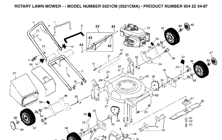 Product Complete Diagram and Parts List for 5521CM (954223487)(2002-11) Husqvarna Lawn Mower