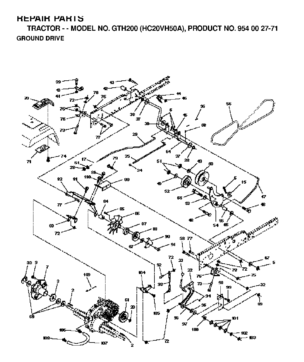 Drive Diagram and Parts List for GTH200 (HC20VH50A, 954002771)(1996-04) Husqvarna Lawn Tractor