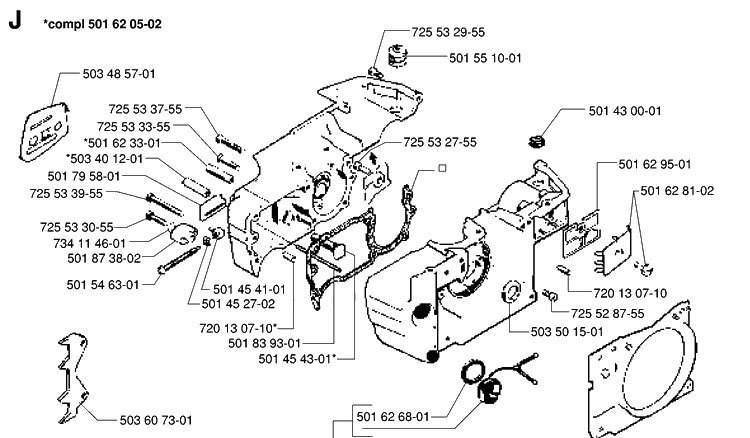 Crankcase Diagram and Parts List for 42 19944900001-19950600000 Husqvarna Chainsaw