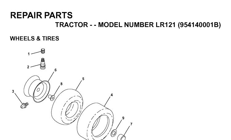 Wheels And Tires Diagram and Parts List for LR121 (954140001B)(1997-01) Husqvarna Lawn Tractor