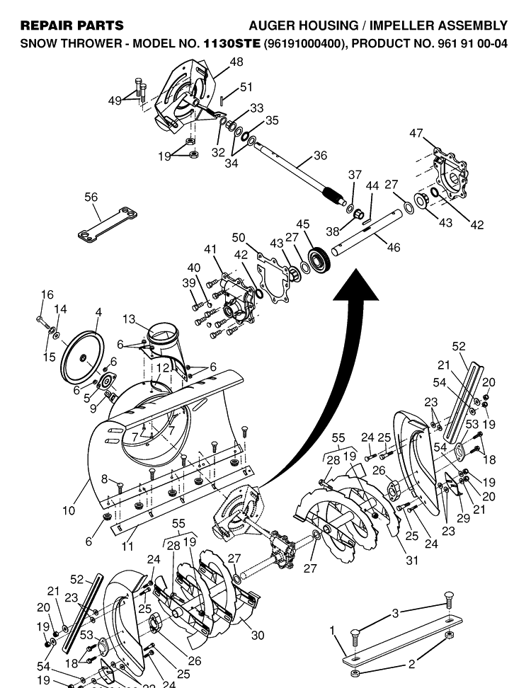 Auger Housing And Impeller Diagram and Parts List for 1130STE (96191000400)(2005-10) Husqvarna Snow Blower