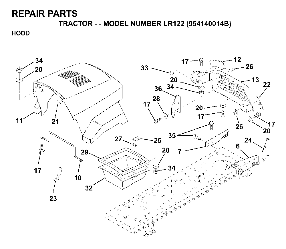 Hood Diagram and Parts List for LR122 (954140014B)(1999-03) Husqvarna Lawn Tractor