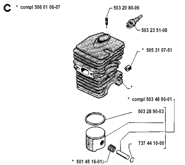 Cylinder Piston Diagram and Parts List for 40 19912200001-19952300000 Husqvarna Chainsaw
