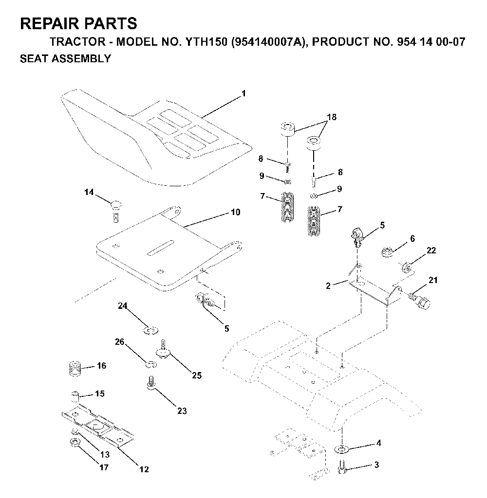 Seat Diagram and Parts List for YTH150 (954140007A, 954140007)(1997-01) Husqvarna Lawn Tractor