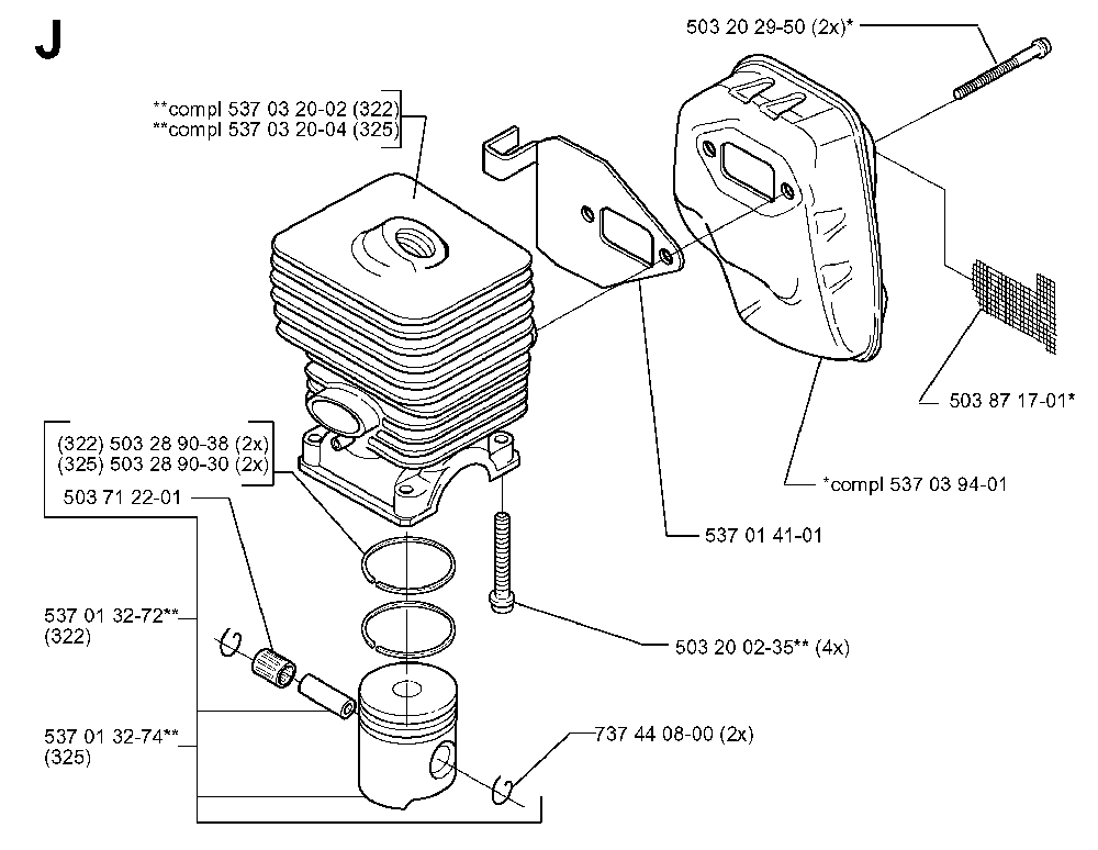 Cylinder Piston Diagram and Parts List for 325RJ (X-SERIES)(20000100001) Husqvarna Brush Cutter