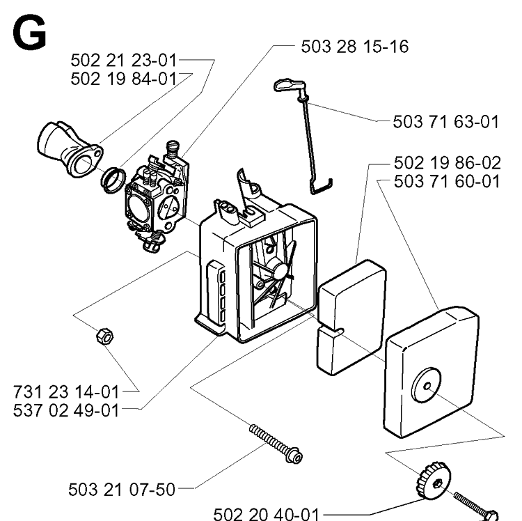 Carburetor And Air Filter Diagram and Parts List for 225HBV 20000100001-Current Husqvarna Leaf Blower / Vacuum