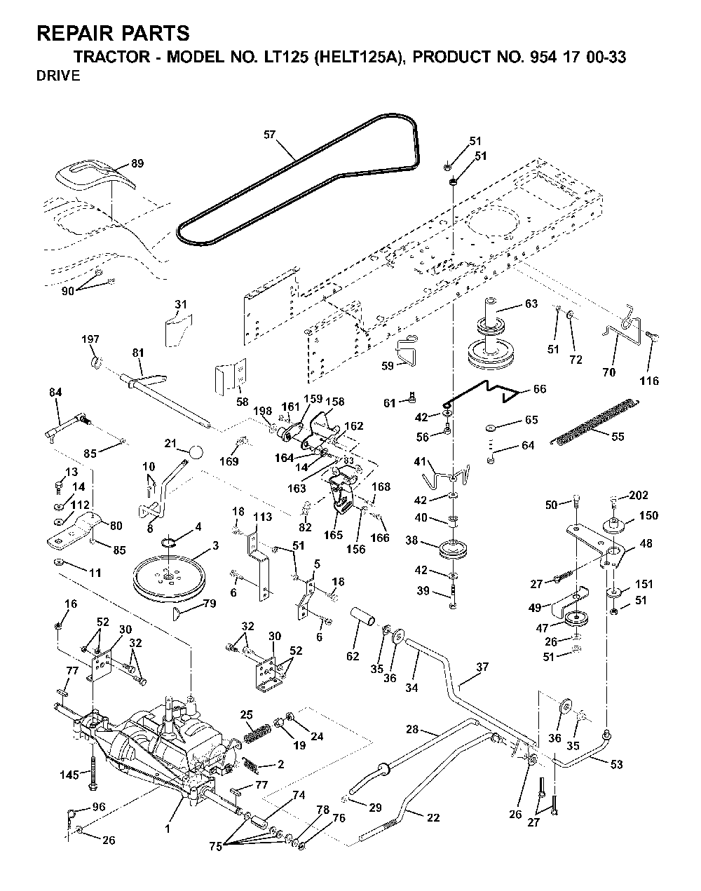 Drive Diagram and Parts List for LT125 (HELT125A, 954170033)(2001-01) Husqvarna Lawn Tractor