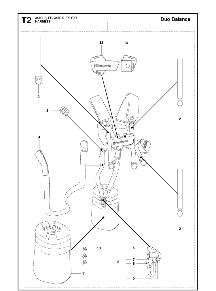 Harness 2 Diagram and Parts List for 343F  Husqvarna Brush Cutter