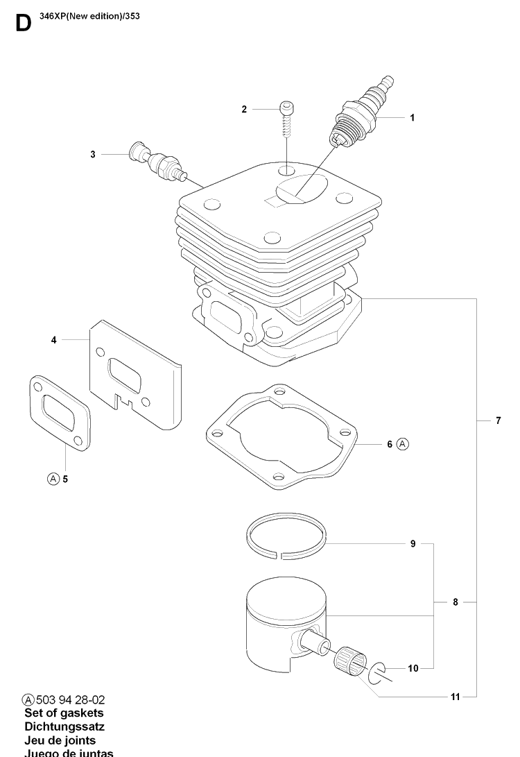 Cylinder Piston Diagram and Parts List for 353 20071300001-20090400000 Husqvarna Chainsaw