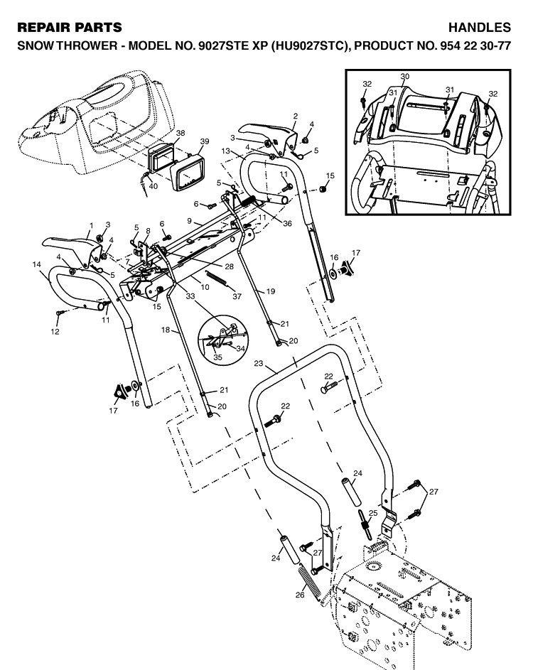 Handle And Controls Diagram and Parts List for 9027STE (HU9027STC)(2004-07) Husqvarna Snow Blower