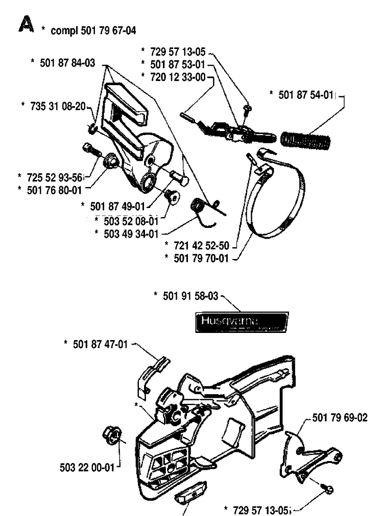 Chain Brake Diagram and Parts List for 42 19920900001-19941400000 Husqvarna Chainsaw