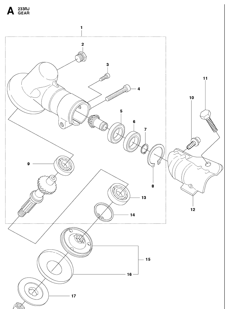 Bevel Gear Diagram and Parts List for 233RJ 20090100001-20112700000 Husqvarna Brush Cutter