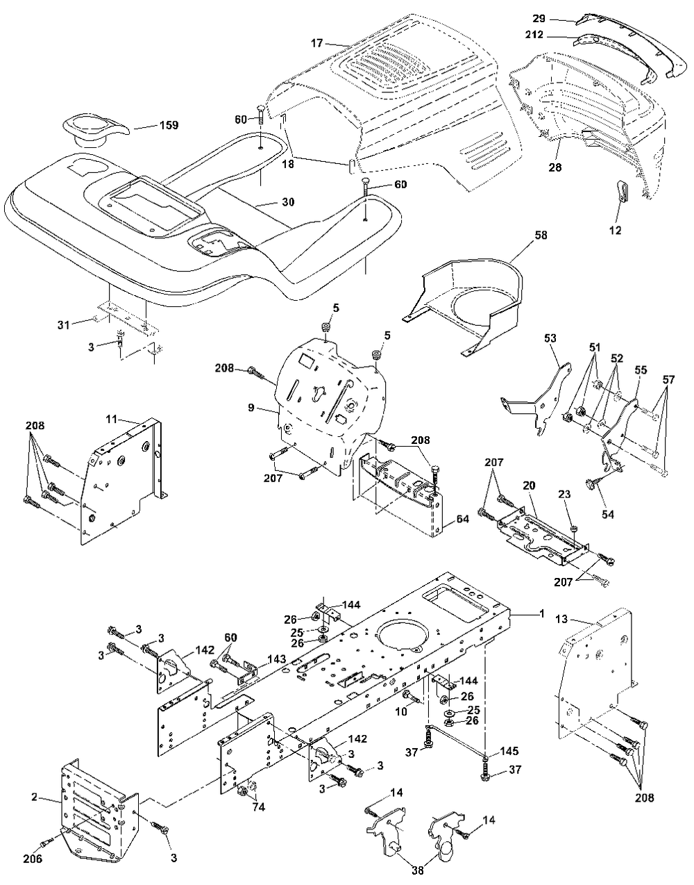 Chassis And Enclosures Diagram and Parts List for YTH1848XP (954567260-A)(2001-02) Husqvarna Lawn Tractor