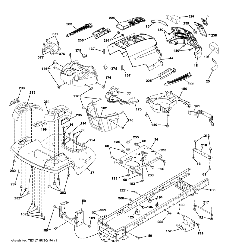Chassis And Enclosures Diagram and Parts List for LT1597 (96041041100)(2017-08) Husqvarna Lawn Tractor