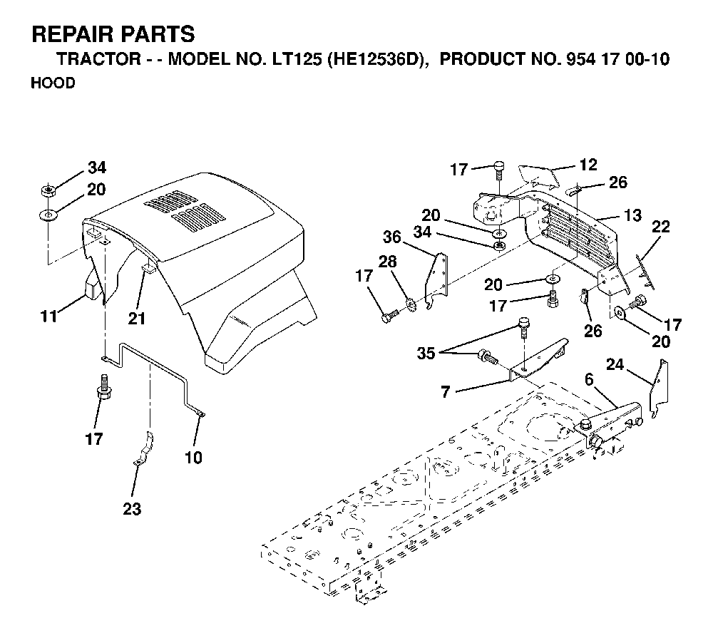 Hood Diagram and Parts List for LT125 (HE12536D, 954170010)(1998-12) Husqvarna Lawn Tractor