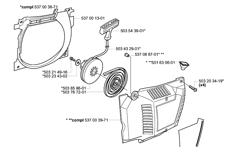 Starter Diagram and Parts List for 385EPA 2003-10 Husqvarna Chainsaw