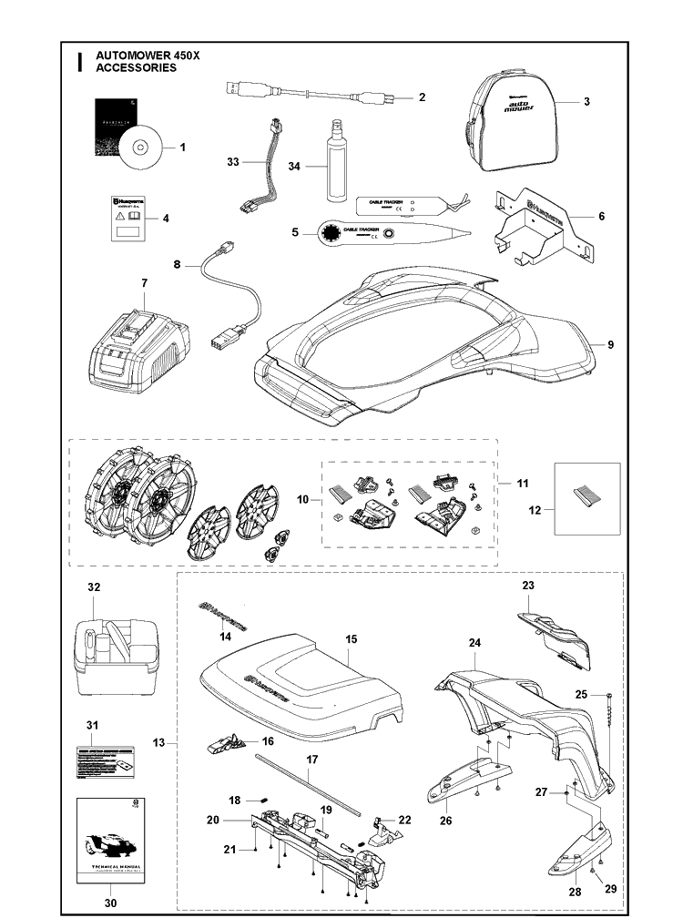 Accessories Diagram and Parts List for 450X 2020 Husqvarna Lawn Mower
