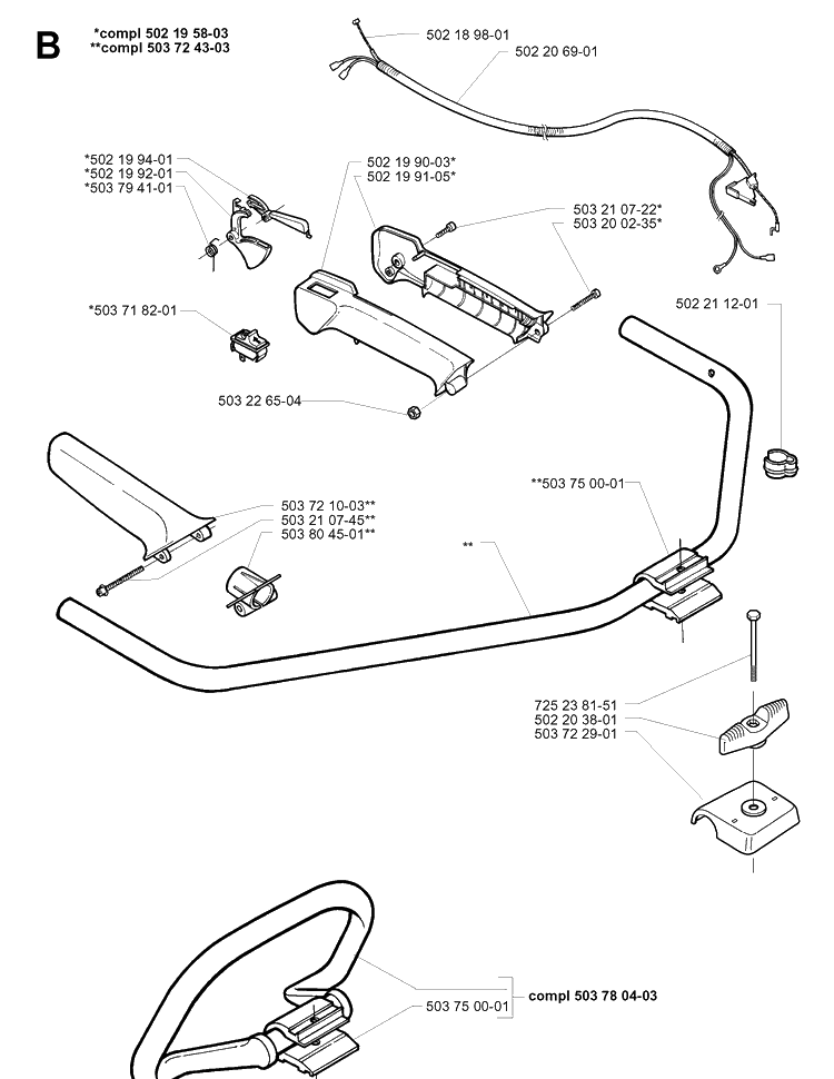 Handle And Controls Diagram and Parts List for 227RD 19993600001-20004000000 Husqvarna Brush Cutter