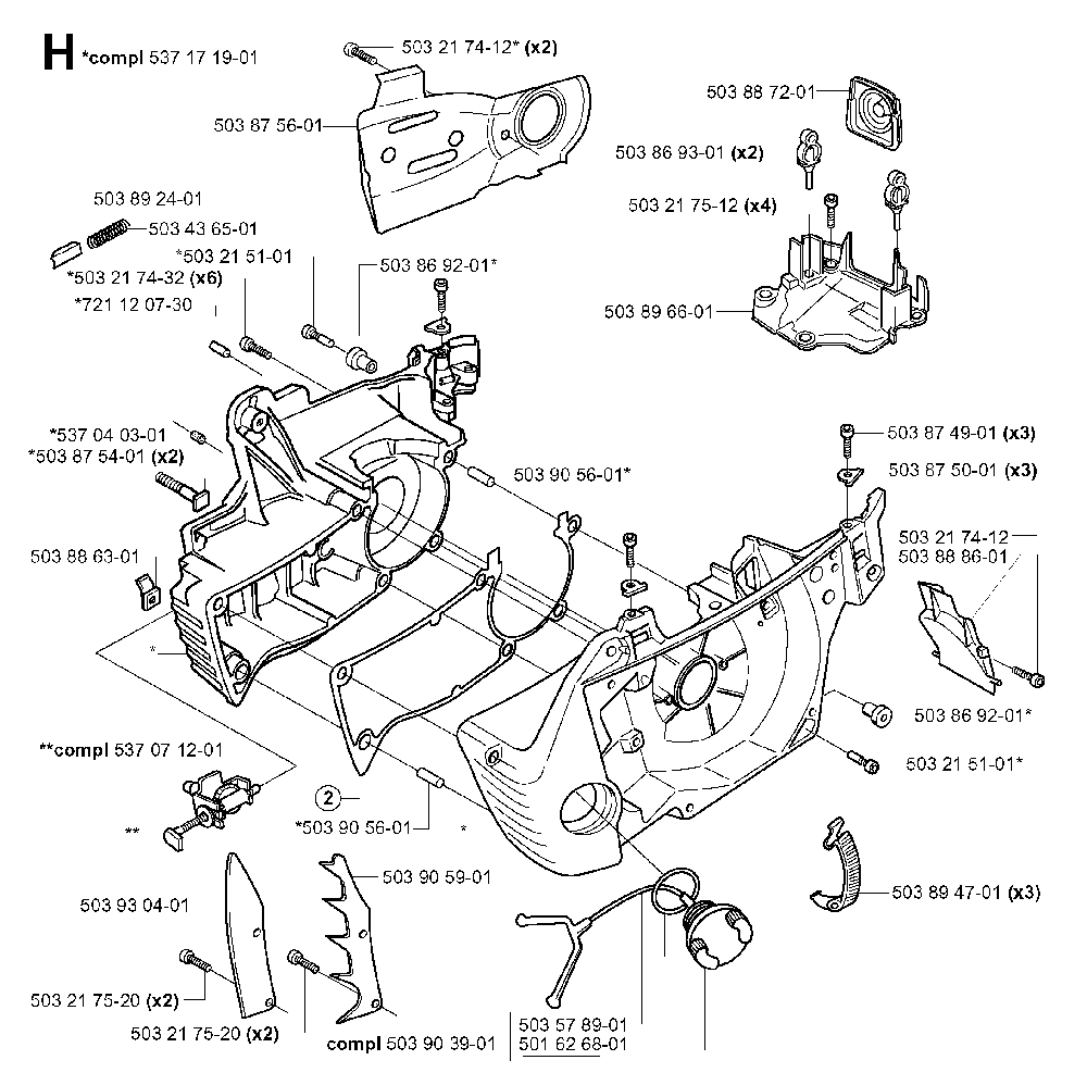 Crankcase Diagram and Parts List for 351EPA 20012200001 Husqvarna Chainsaw