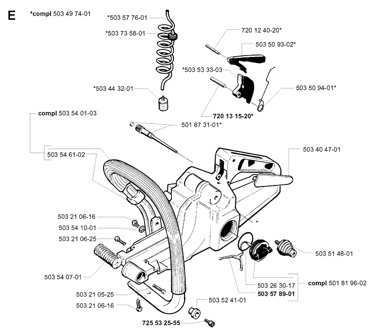 Fuel Tank And Handle Diagram and Parts List for 262XP 19992300001-Current Husqvarna Chainsaw