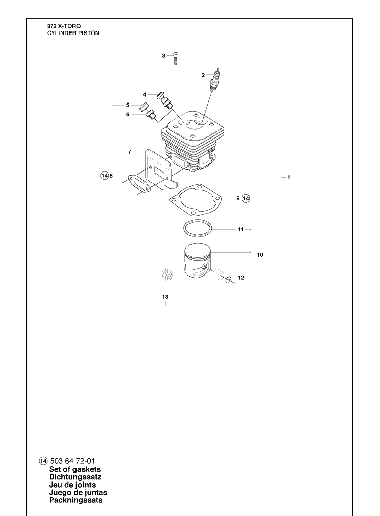 Cylinder Piston Diagram and Parts List for 372 (X-TORQ)(2010-04) Husqvarna Chainsaw