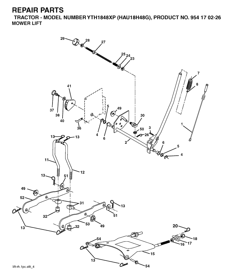 Mower Lift / Deck Lift Diagram and Parts List for YTH1848XP (HAU18H48G)(2004-09) Husqvarna Lawn Tractor
