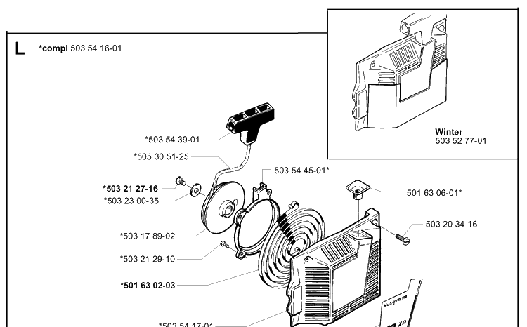 Starter Diagram and Parts List for 262XP 19992300001-Current Husqvarna Chainsaw