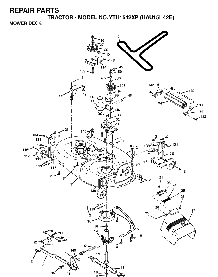 Mower Deck / Cutting Deck Diagram and Parts List for YTH1542XP (HAU15H42E)(2004-01) Husqvarna Lawn Tractor
