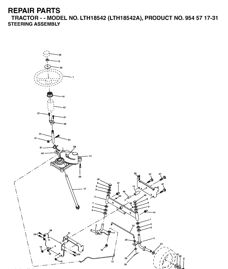 Steering Diagram and Parts List for LTH18542-LTH18542A 2003-11 Husqvarna Lawn Tractor