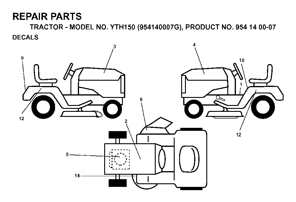 Decals Diagram and Parts List for YTH150 (954140007G, 954140007)(1998-09) Husqvarna Lawn Tractor