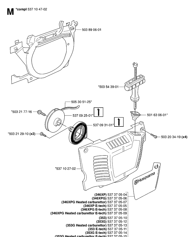 Starter Diagram and Parts List for 346XP 20070500001-20071300000 Husqvarna Chainsaw
