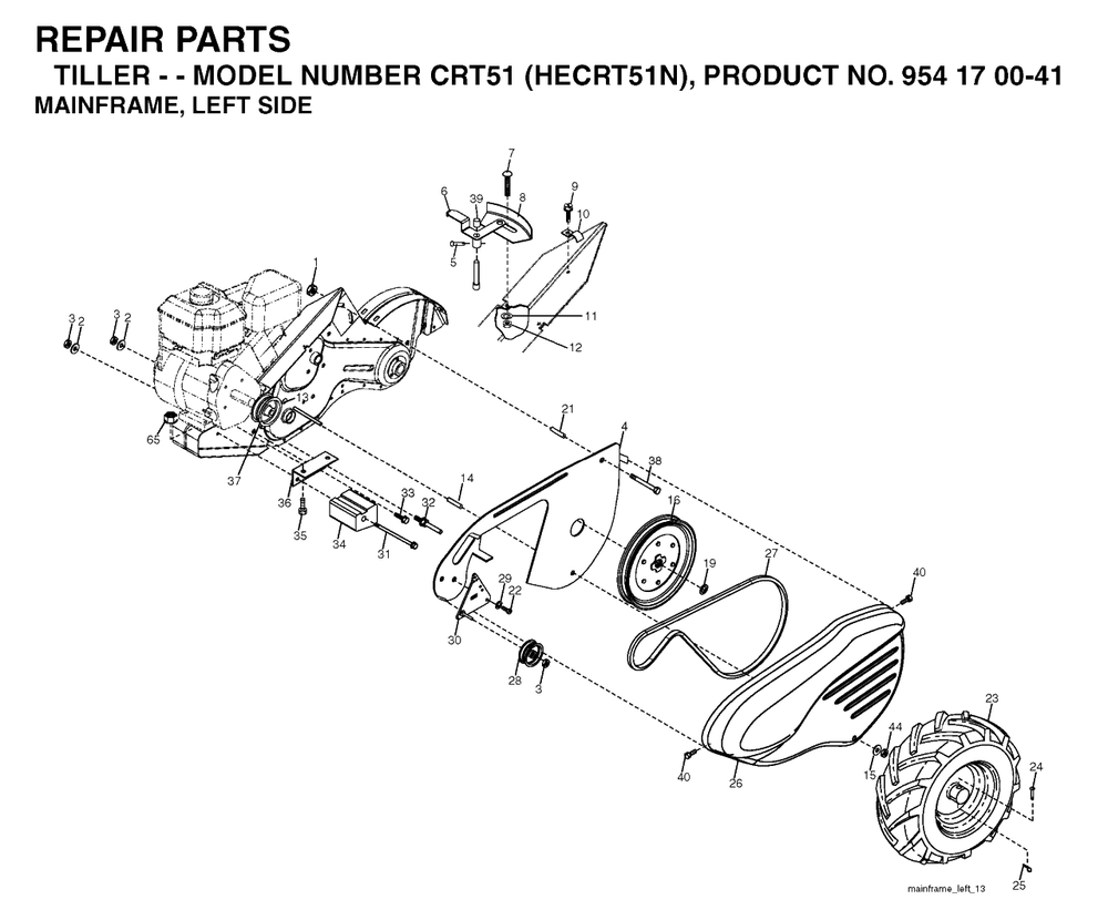 Mainframe, Left Side Diagram and Parts List for CRT51 (954170041-N)(2004-01) Husqvarna Tiller