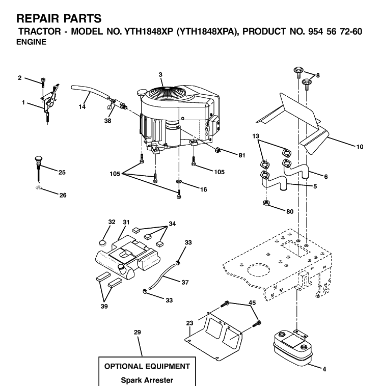 Engine Diagram and Parts List for YTH1848XP (954567260)(2001-02) Husqvarna Lawn Tractor