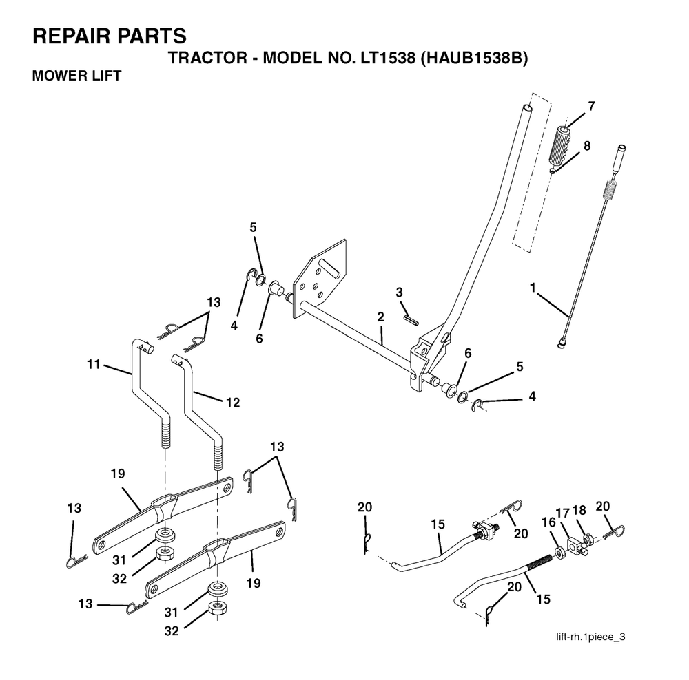 Mower Lift / Deck Lift Diagram and Parts List for LT1538 (954170085-B)(2004-01) Husqvarna Lawn Tractor