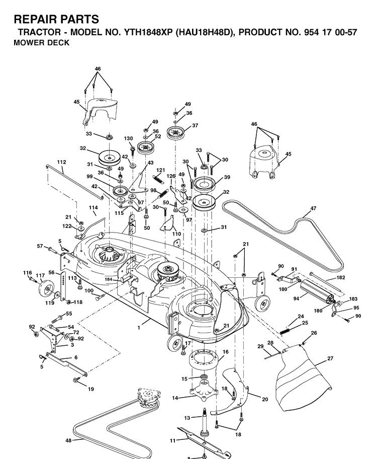 Mower Deck / Cutting Deck Diagram and Parts List for YTH1848XP (HAU18H48D)(2003-01) Husqvarna Lawn Tractor