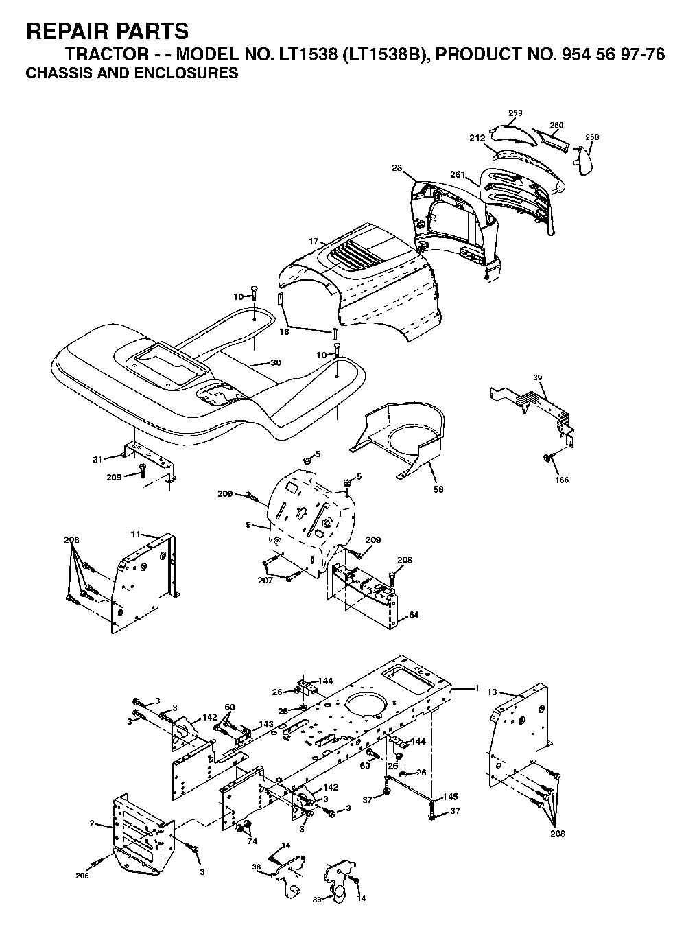 Chassis And Enclosures Diagram and Parts List for LT1538 (LT1538B, 954569776)(2002-11) Husqvarna Lawn Tractor