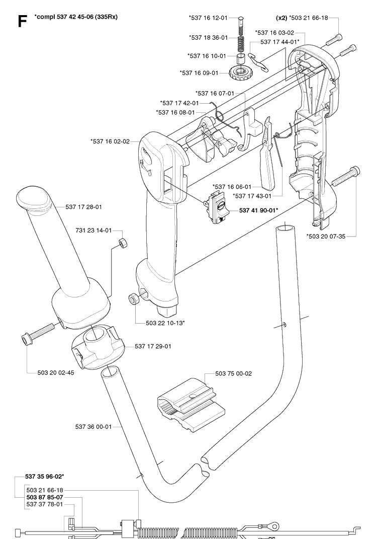 Handle And Controls Diagram and Parts List for 335RX 20064000001-20070100000 Husqvarna Brush Cutter