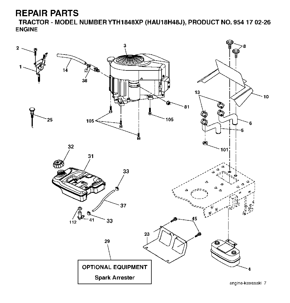 Engine Diagram and Parts List for YTH1848XP (HAU18H48J, 954170226)(2004-09) Husqvarna Lawn Tractor