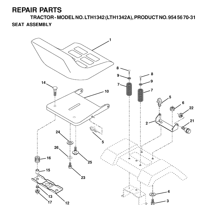 Seat Diagram and Parts List for LTH1342-LTH1342A 2000-12 Husqvarna Lawn Tractor