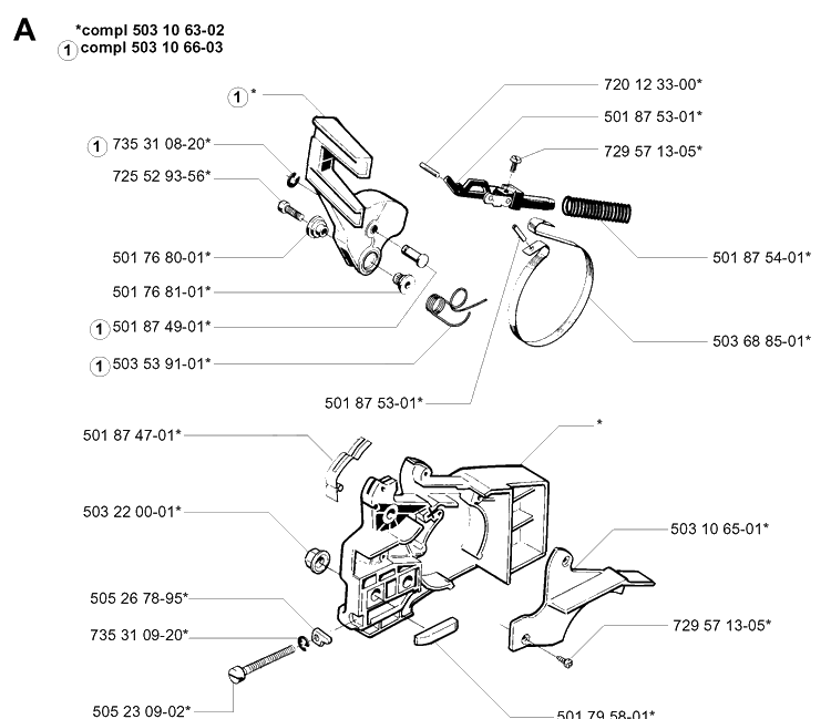 Chain Brake Diagram and Parts List for 49 19960100001-19981800000 Husqvarna Chainsaw