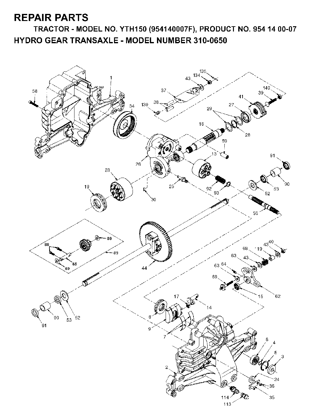 Transmission Diagram and Parts List for YTH150 (954140007F, 954140007)(1998-07) Husqvarna Lawn Tractor