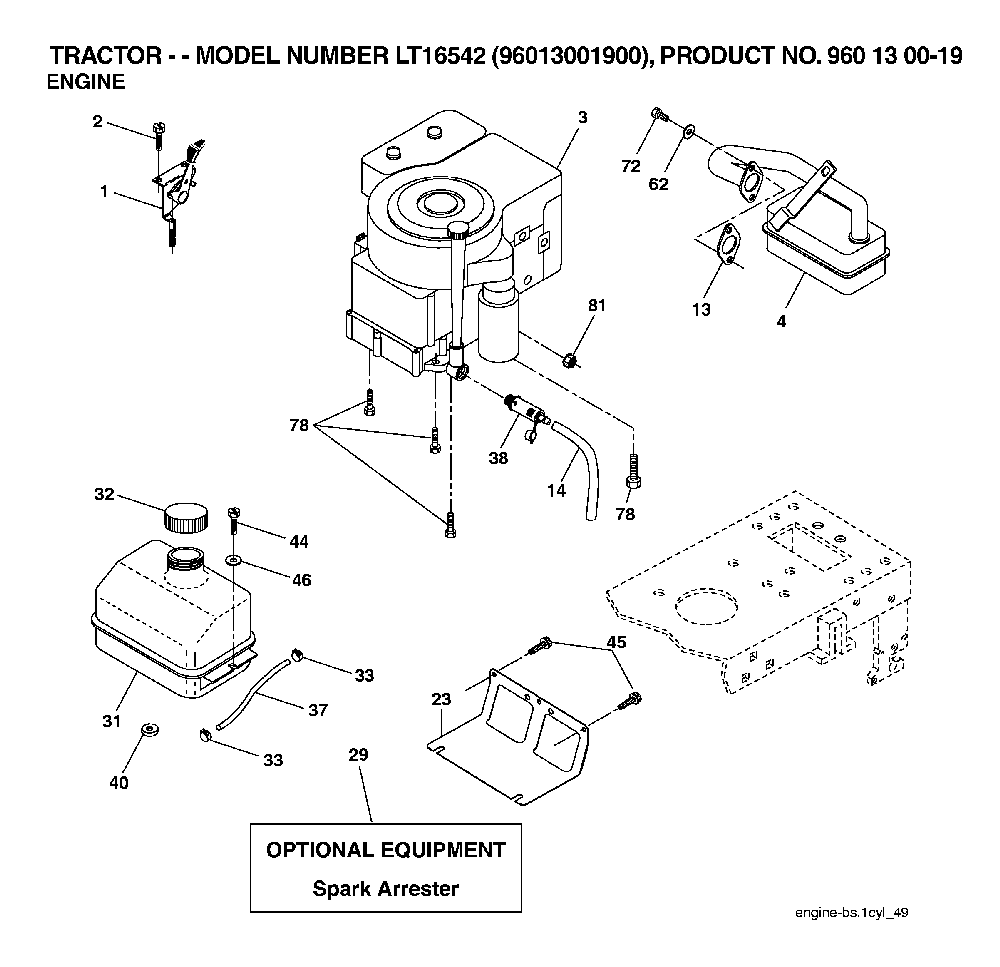 Engine Diagram and Parts List for LT16542 (96013001900)(2006-02) Husqvarna Lawn Tractor