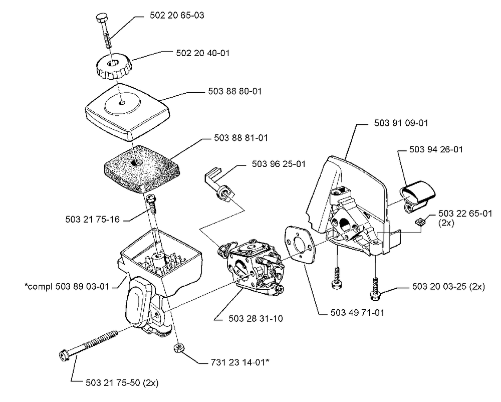 Filter And Carburetor Assembly Diagram and Parts List for 325LX 1999-03 Husqvarna Trimmer