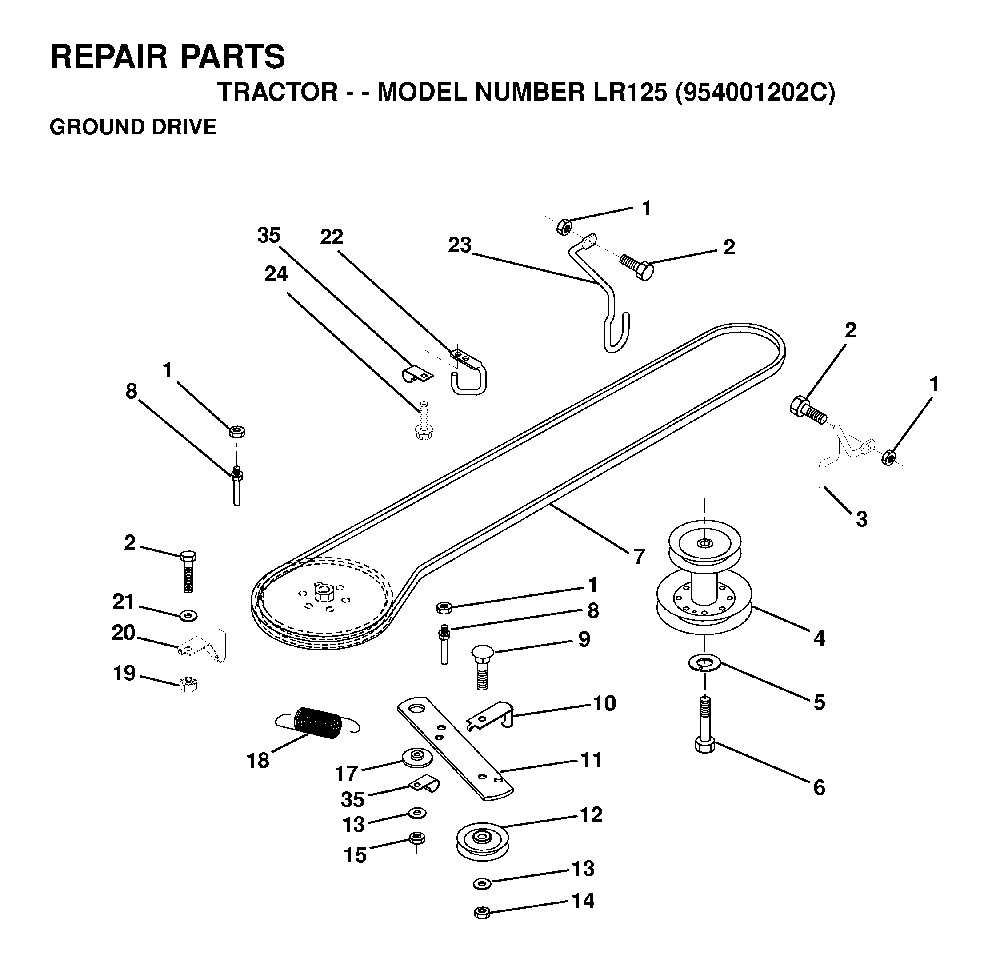 Drive Diagram and Parts List for LR125 (954001202C)(1995-03) Husqvarna Lawn Tractor