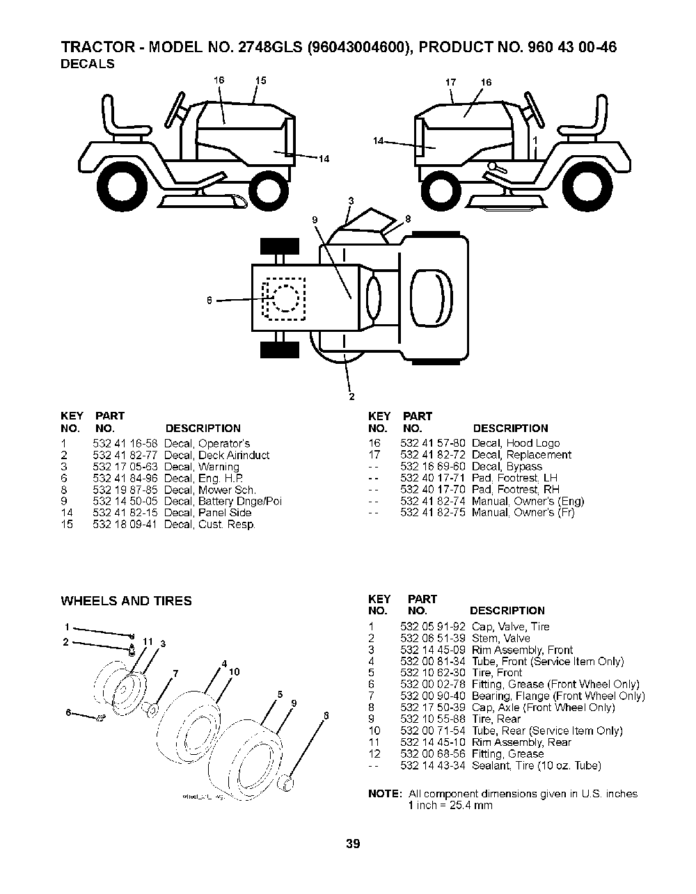 Wheels And Tires Diagram and Parts List for 2748GLS (96043004600)(2008-01) Husqvarna Lawn Tractor
