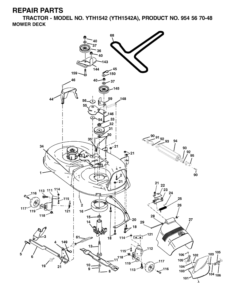 Mower Deck / Cutting Deck Diagram and Parts List for YTH1542 (954567048)(2000-11) Husqvarna Lawn Tractor