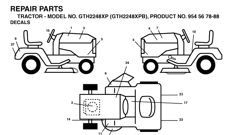Decals Diagram and Parts List for GTH2248XP-GTH2248XPB 2003-05 Husqvarna Lawn Tractor