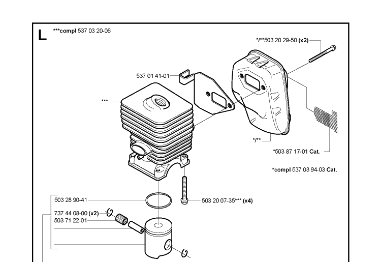 Cylinder, Piston And Muffler Diagram and Parts List for 123L  Husqvarna Edger