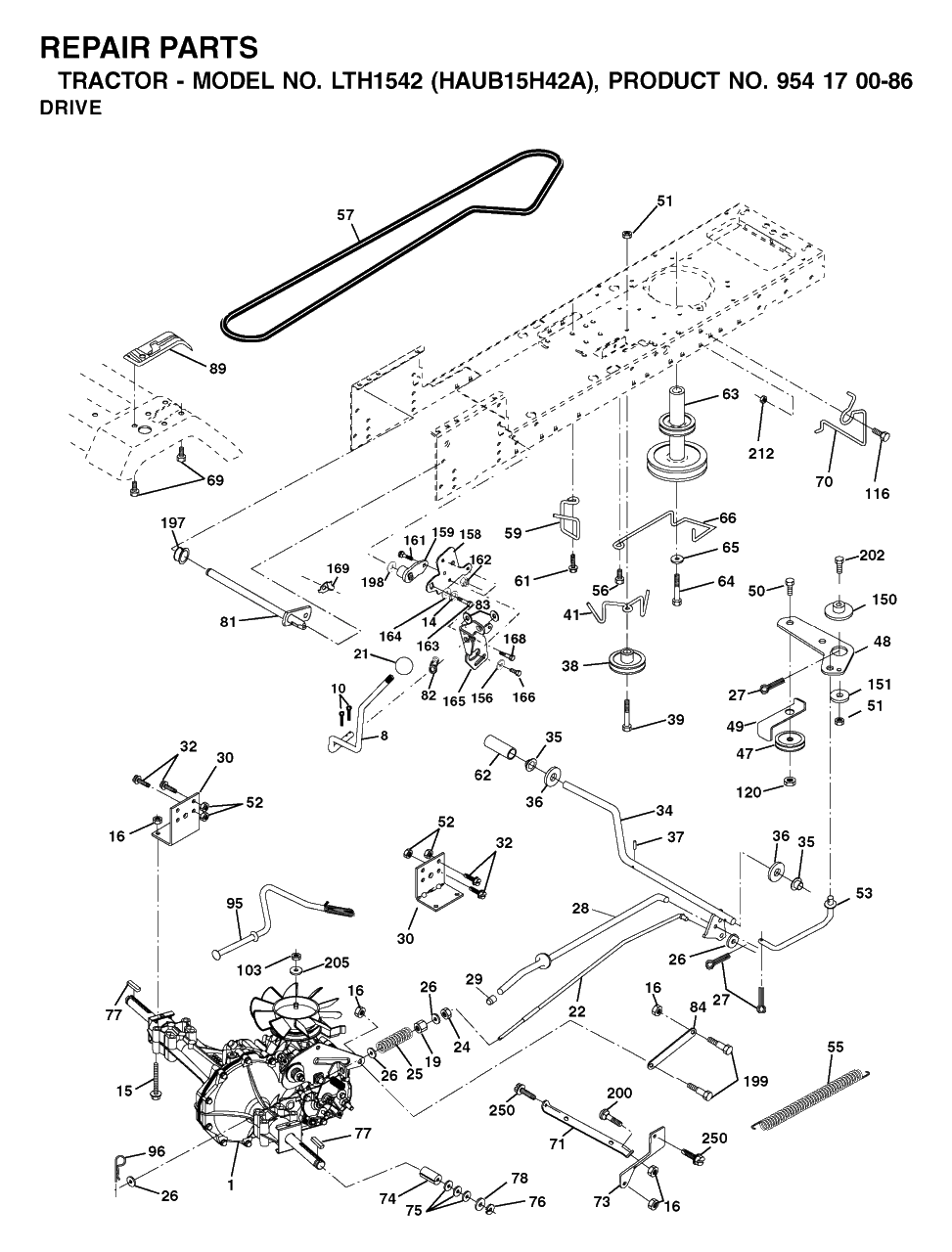 Drive Diagram and Parts List for LTH1542 (954170086-A)(2003-01) Husqvarna Lawn Tractor